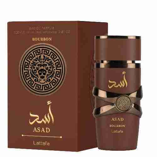 Brown perfume bottle and packaging with 'ASAD' branding on a white background