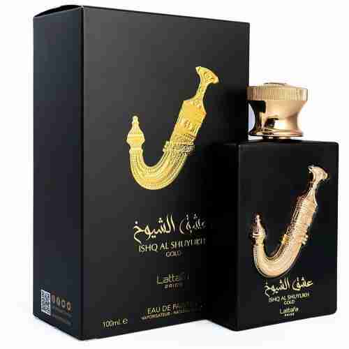 Black perfume bottle with gold accents and packaging on a white background