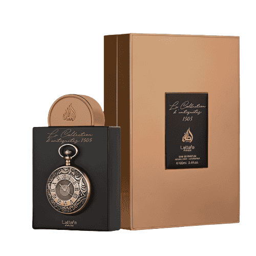 Decorative pocket watch with a black box and brown packaging on a white background
