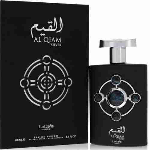 Black perfume bottle and packaging with 'Al Qiam Silver' branding on a white background
