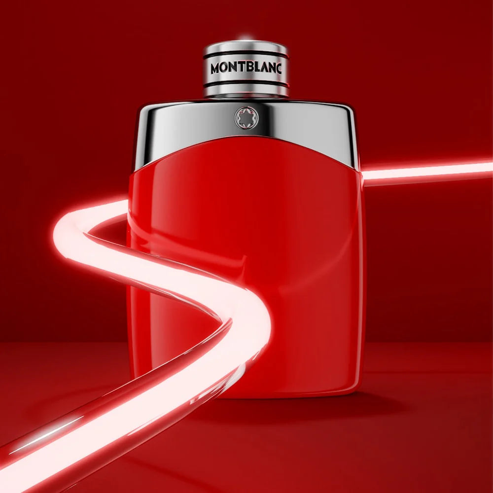 Red Montblanc perfume bottle on a red background with neon light effect