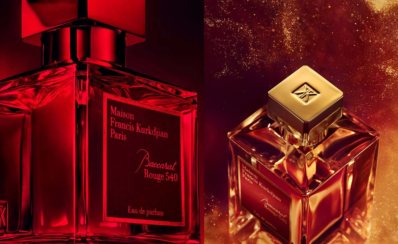 Bottles of Baccarat Rouge 540 from the Maison Francis Kurkdjian Fragrance Collection against a red and gold background, showcasing Authentic Niche Fragrances.