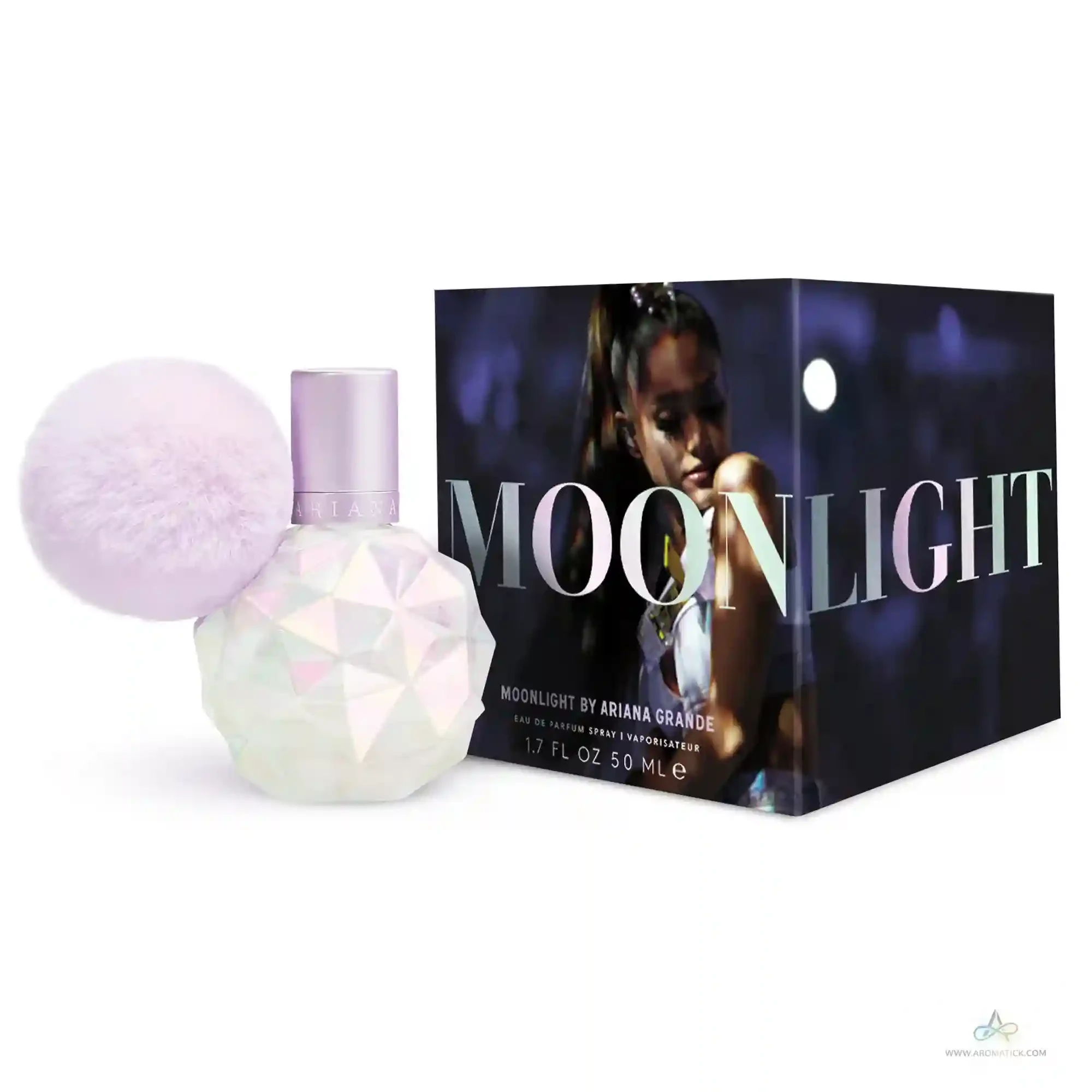 Perfume bottle and packaging of 'Moonlight' by Ariana Grande on a white background
