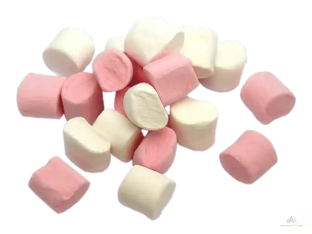 Pink and white marshmallows on a white background