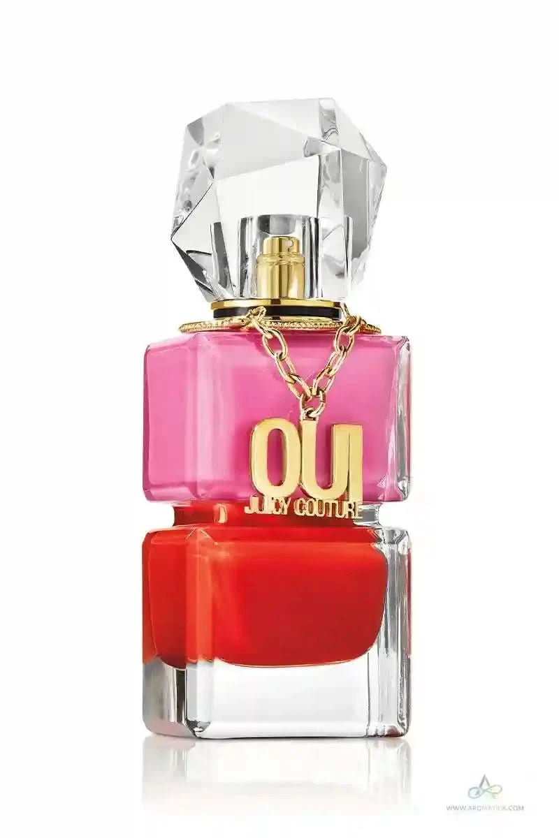 Perfume bottle with pink top and red base on a white background