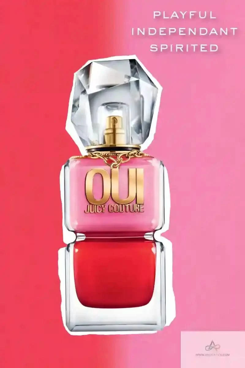Juicy Couture Oui perfume bottle with pink and red design on a pink background