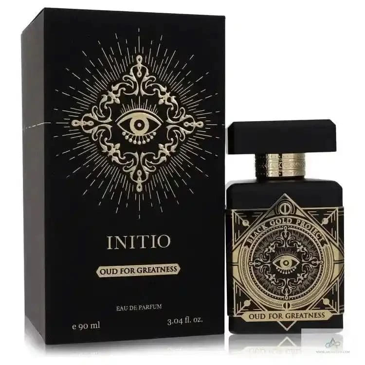Initio Oud For Greatness EDP 90ml bottle and packaging in black and gold design, luxury unisex perfume from Initio Parfums Prives.