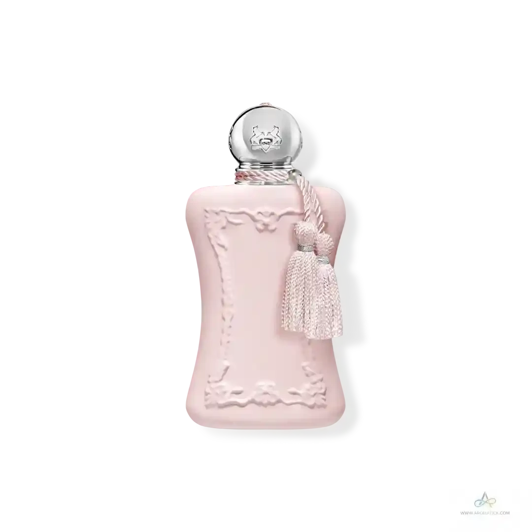 Parfums De Marly Delina La Rosée EDP in a soft pink bottle with silver cap and tassel, a floral fragrance for women.