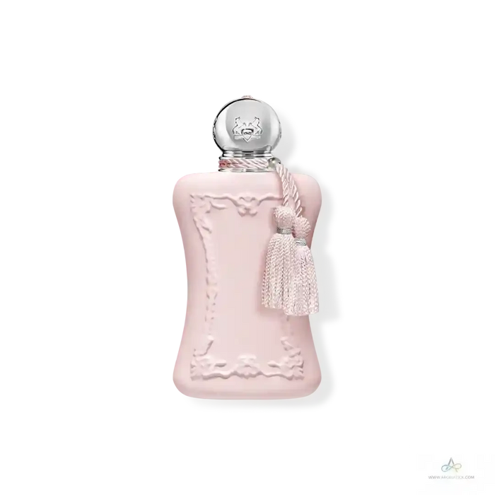 Parfums De Marly Delina La Rosée EDP in a soft pink bottle with silver cap and tassel, a floral fragrance for women.