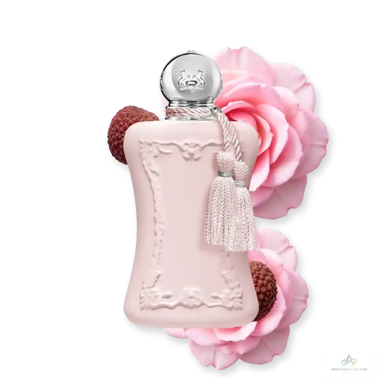 Delina La Rosée EDP bottle surrounded by pink rose and litchi, showcasing its floral and fruity fragrance notes for women.