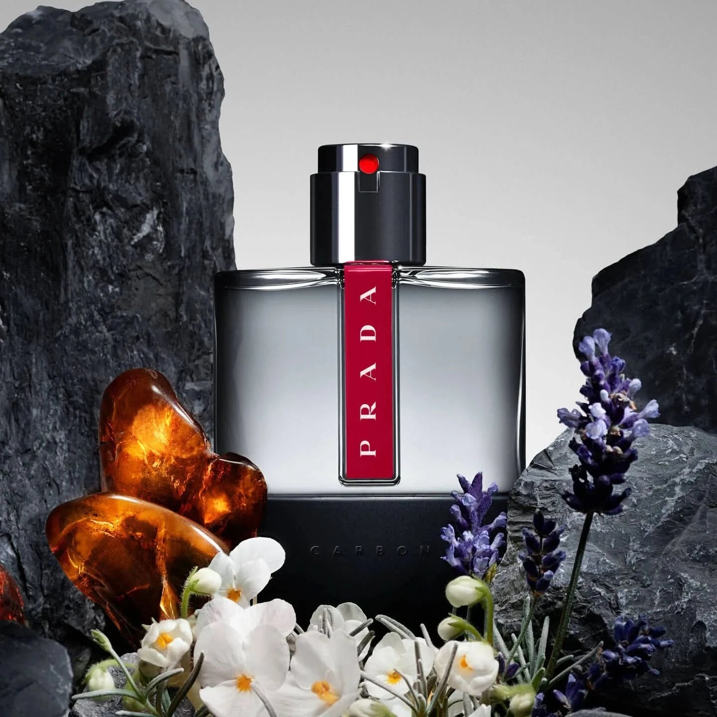 Prada perfume bottle with flowers and rocks in the background