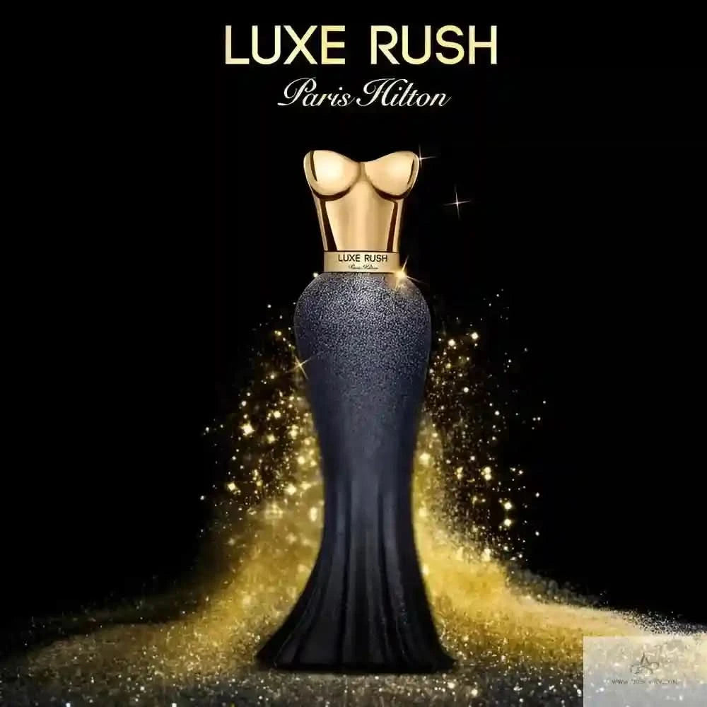 Perfume bottle in a blue dress with 'LUXE RUSH' and 'Paris Hilton' text on a black background