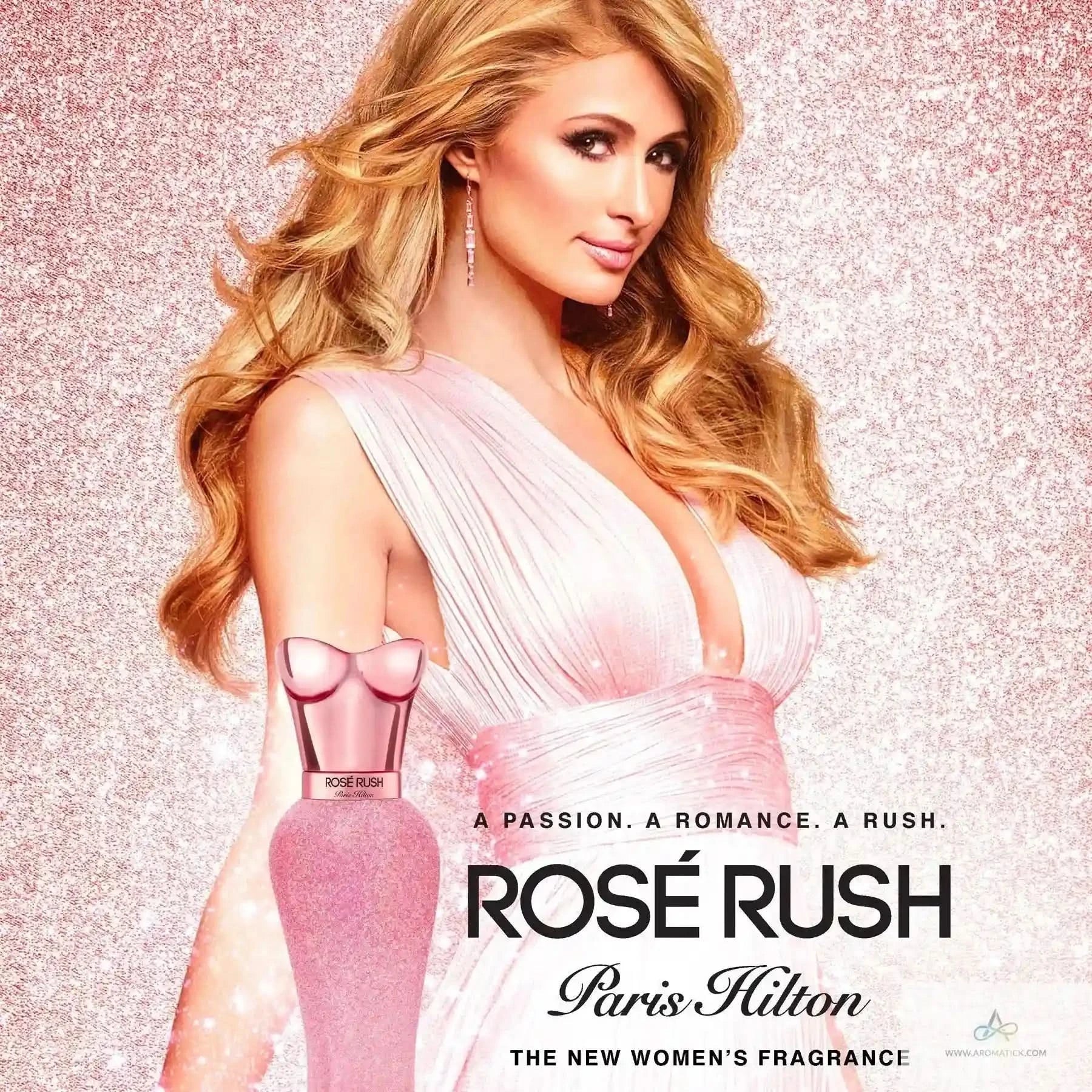 Advertisement for Rosé Rush perfume featuring a woman in a pink dress on a glittery background.
