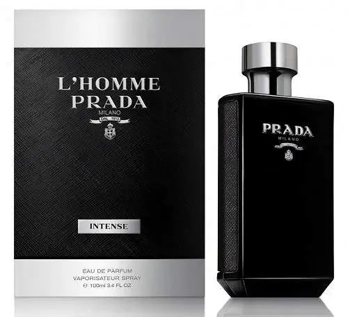 Prada L'Homme Intense perfume bottle and packaging on a white background