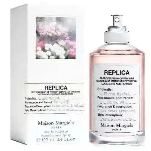 Replica Flower Market EDT 100ml bottle and box by Maison Margiela, a unisex fragrance with tuberose, freesia, and green leaves notes.