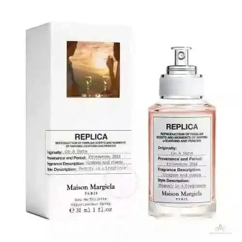 Replica On A Date EDT unisex fragrance by Maison Margiela with box, featuring notes of blackcurrant, rose, and patchouli in a 30ml bottle.