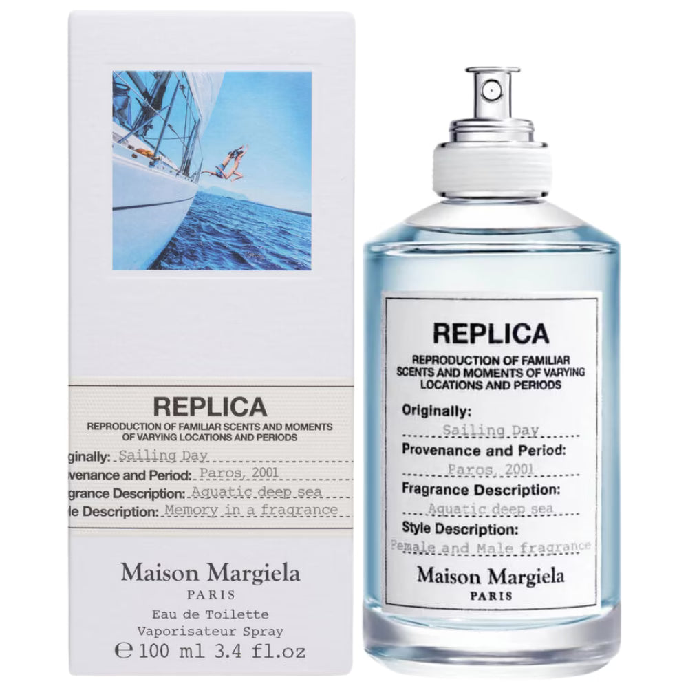 Maison Margiela Replica Sailing Day EDT 100ml with box, a unisex aquatic perfume featuring sea notes and ambergris, ideal for summer freshness.