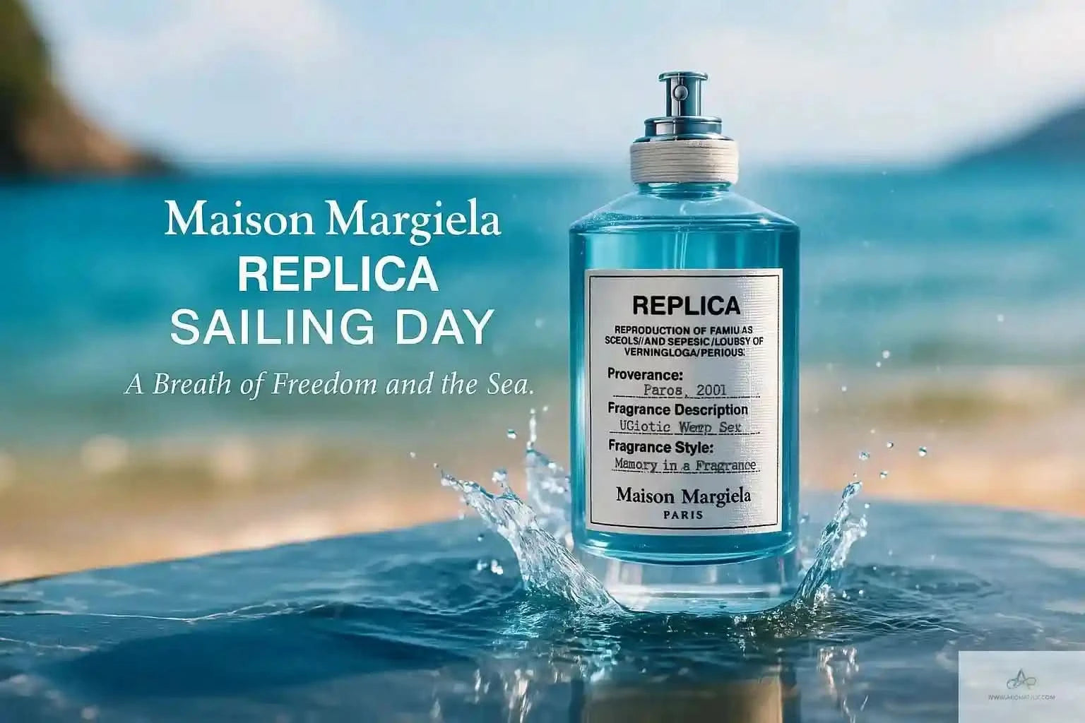 Maison Margiela Replica Sailing Day EDT perfume bottle splashing in ocean water, emphasizing its aquatic and refreshing fragrance profile.