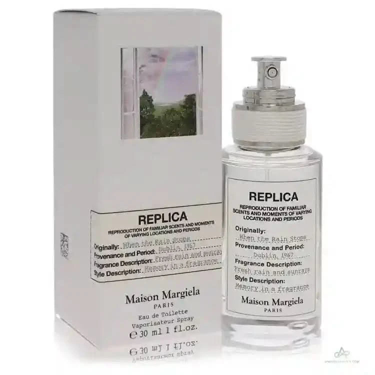 Maison Margiela Replica When The Rain Stops EDT 30ml bottle with box, a unisex fragrance featuring aquatic, rose, and patchouli notes.