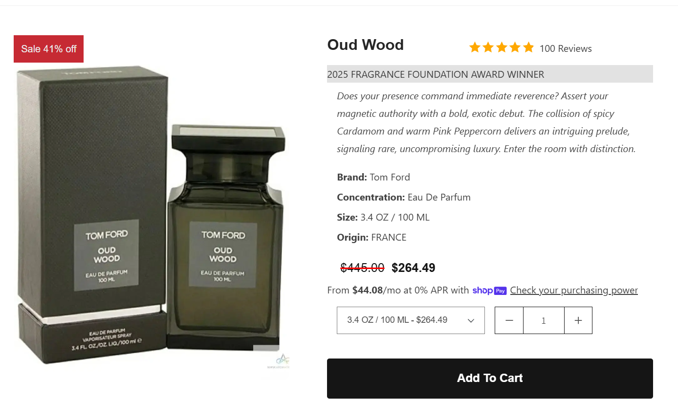Tom Ford Oud Wood listed for sale at Aromatick for $264.49. 41% off comparison