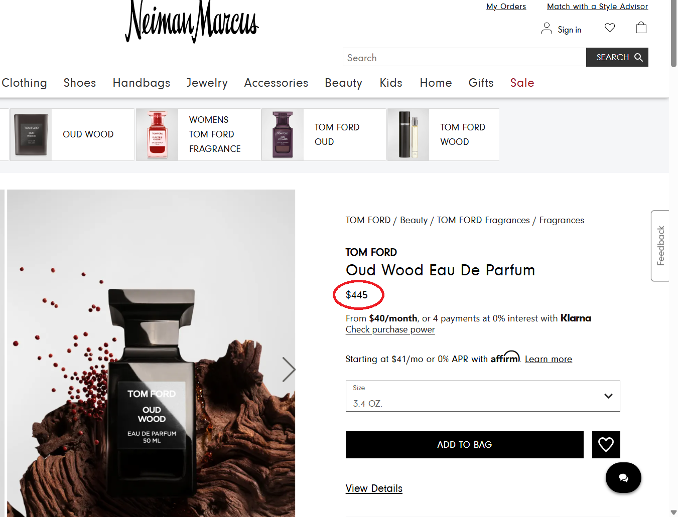 a picture of tom ford oud wood listed for sale on Neiman Marcus website for $445.00
