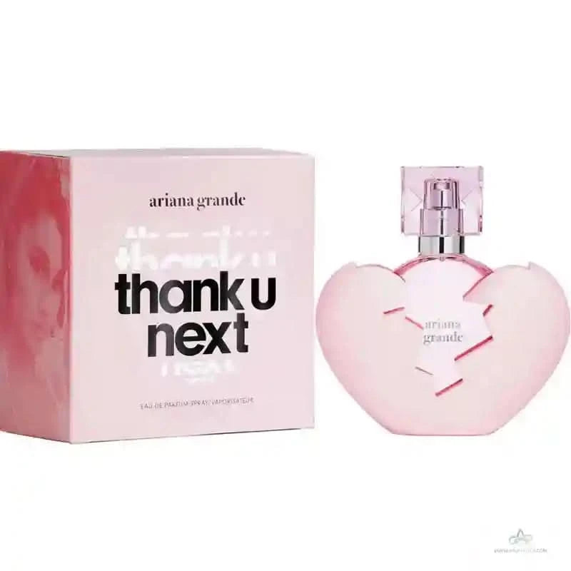 Ariana Grande 'thank u, next' perfume bottle and packaging on a white background