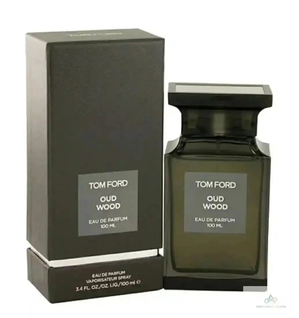 Tom Ford Oud Wood EDP 3.4 oz unisex perfume with box, luxury woody fragrance in sleek black bottle, available at Aromatick.