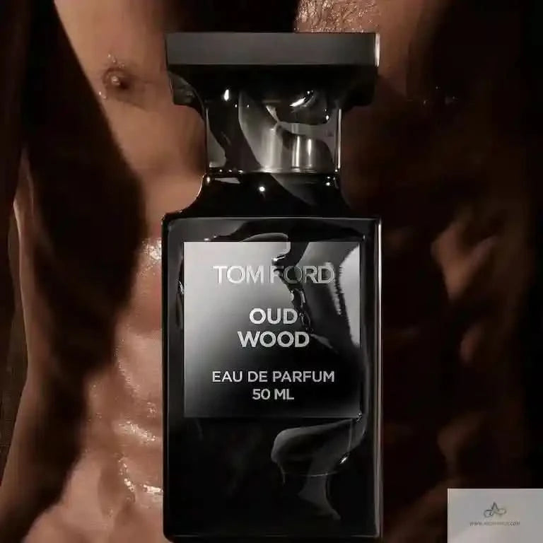 Tom Ford Oud Wood EDP 50 ml unisex perfume bottle against a bare chest, emphasizing sensual and luxurious fragrance appeal.