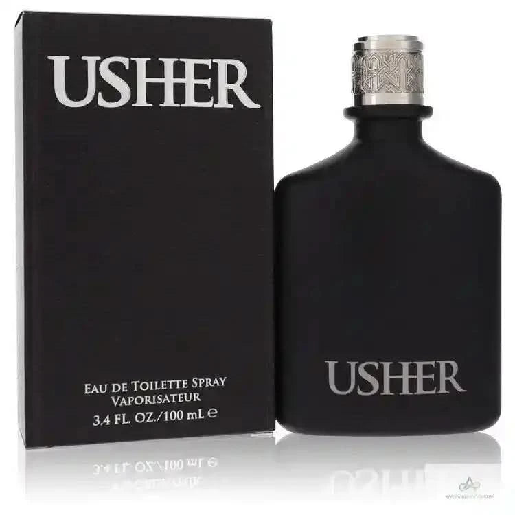 Black Usher perfume bottle and packaging on a white background