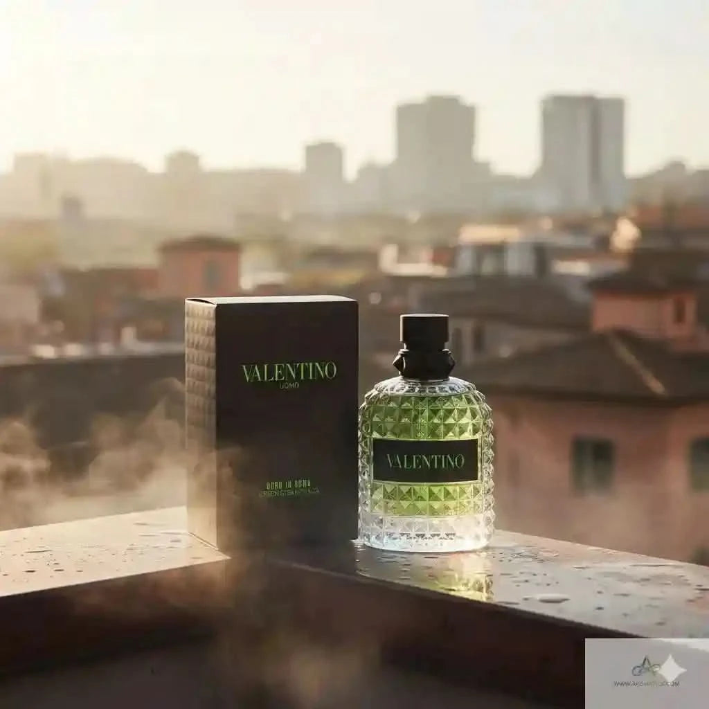Valentino perfume bottle and packaging on a rooftop with cityscape background