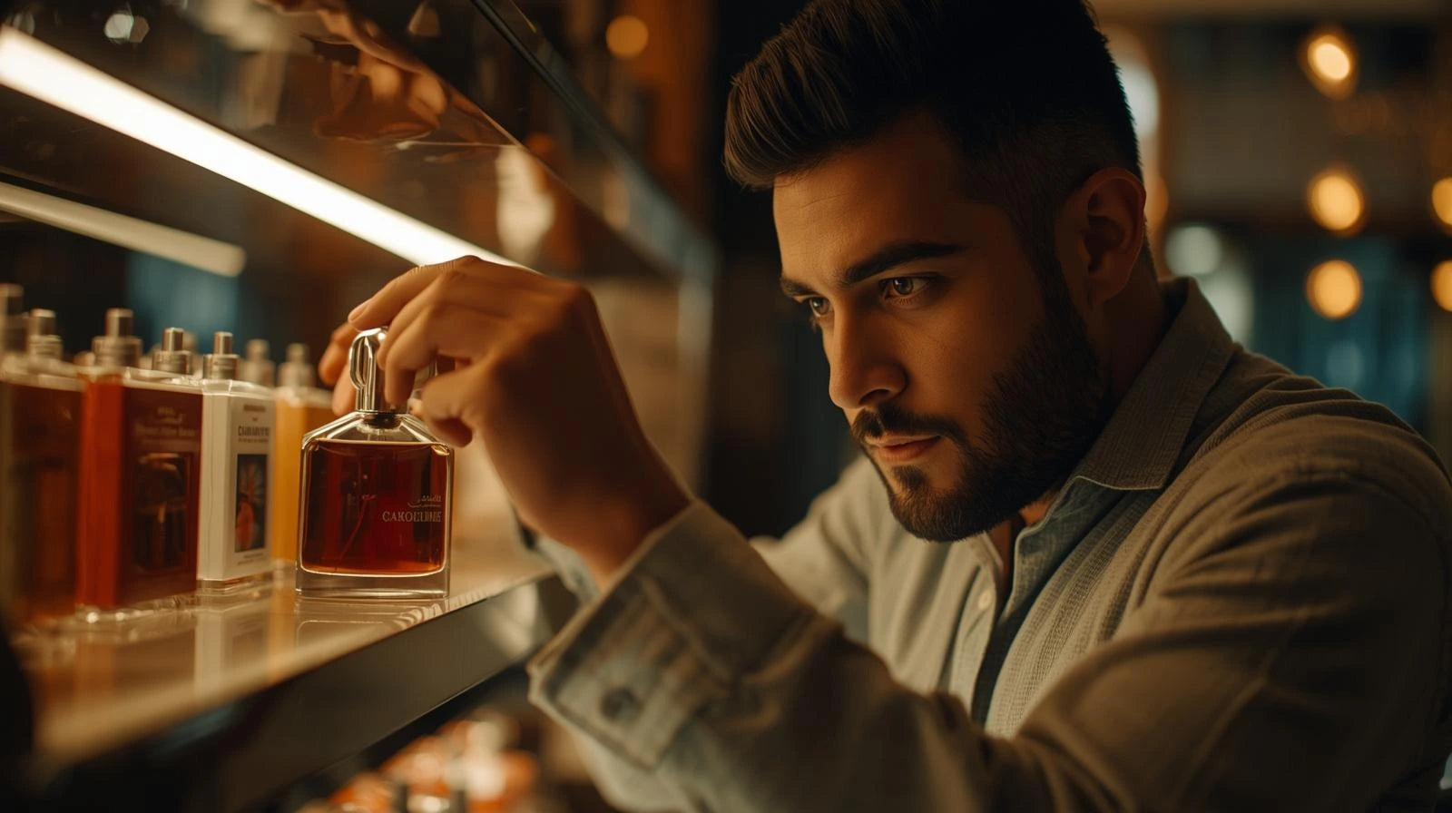 a man buying looking at a cologne collection