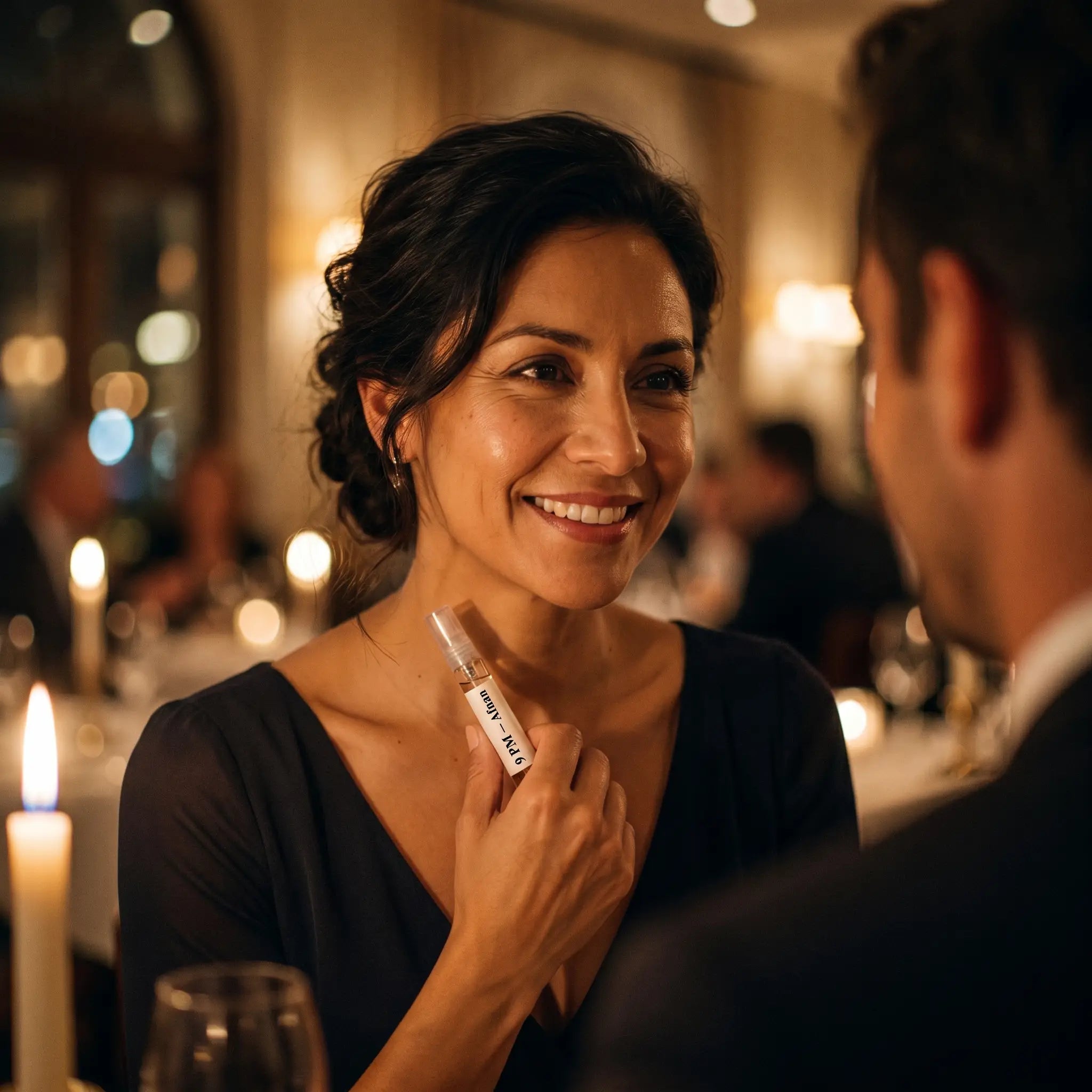 Woman in navy dress holding Afnan 9PM decant at candlelit dinner table with date

