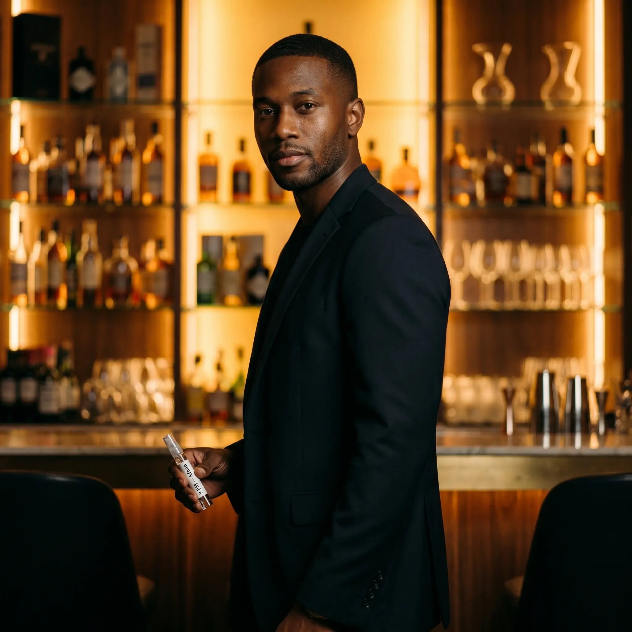 Man in black blazer holding Afnan 9PM decant in front of gold-lit bar shelves
