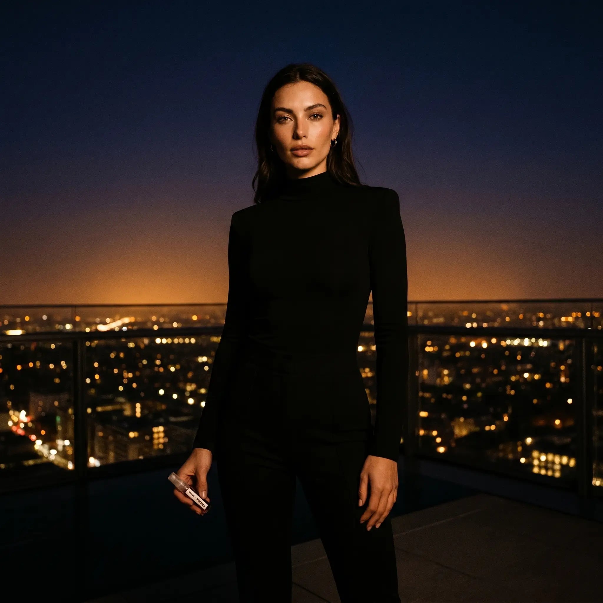 Woman in black turtleneck holding Afnan 9PM Elixir decant on rooftop terrace with city lights at night
