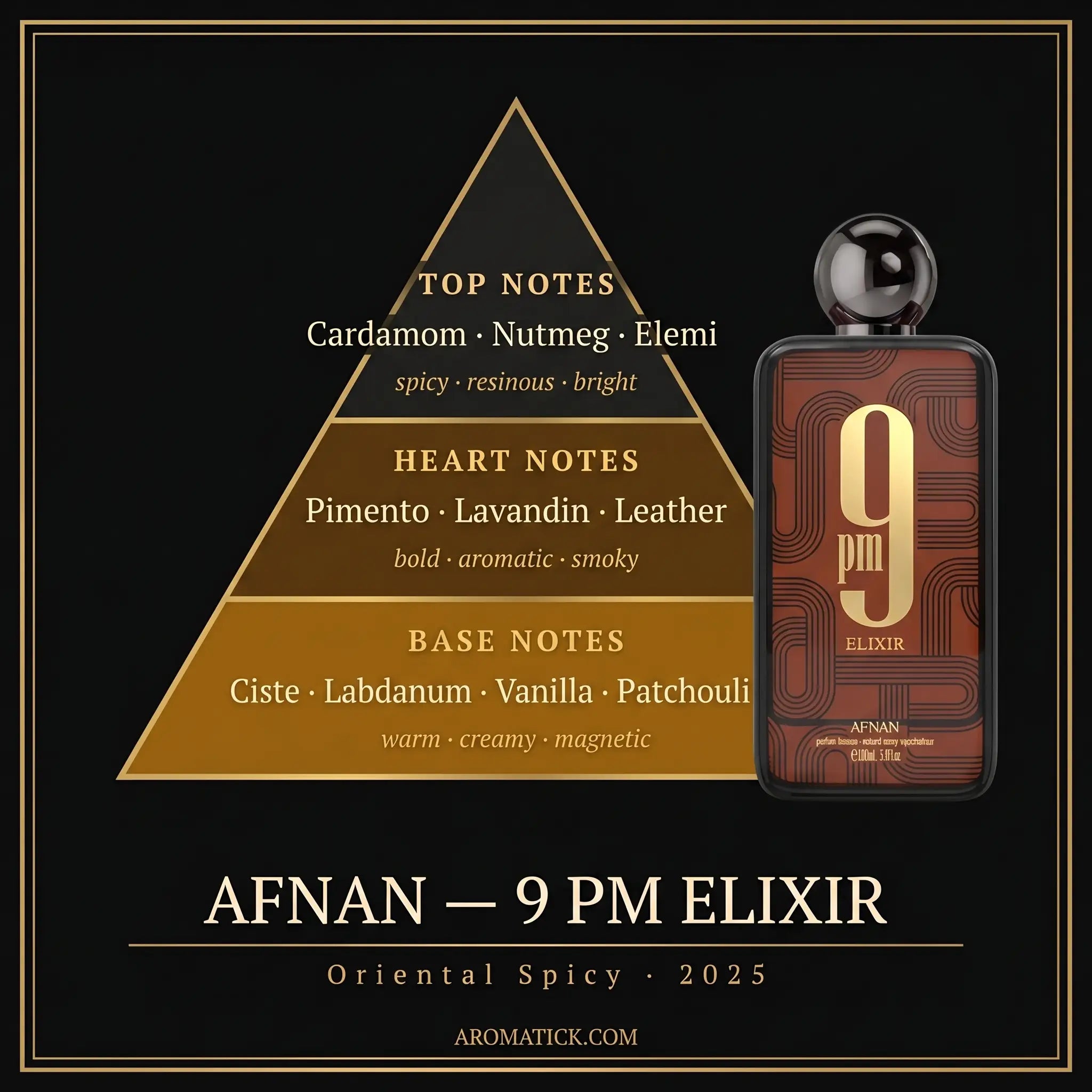Afnan 9PM Elixir note pyramid — cardamom, nutmeg, pimento, leather, labdanum, vanilla, patchouli
