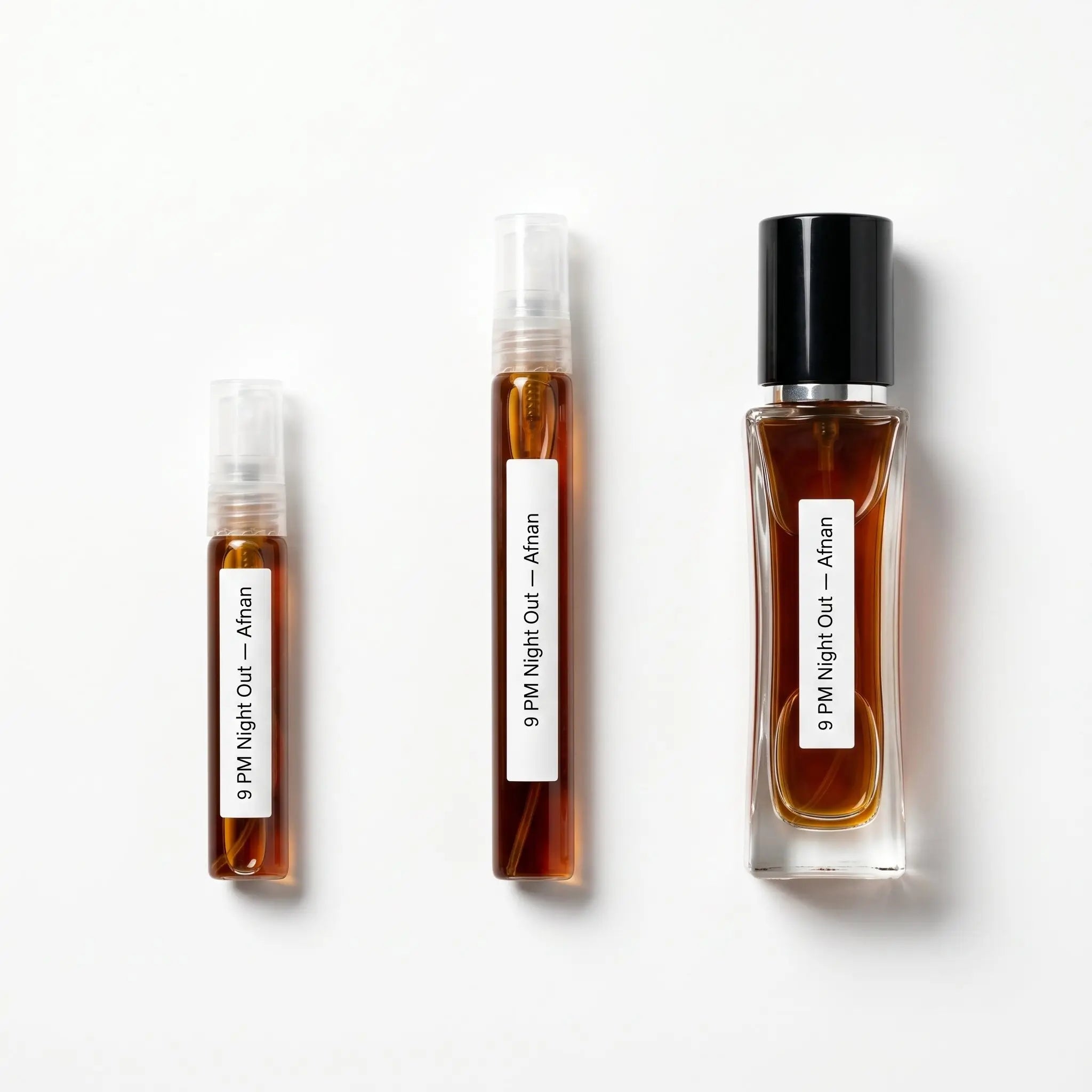Afnan 9PM Night Out decant sizes 5ml 10ml and 30ml on white background
