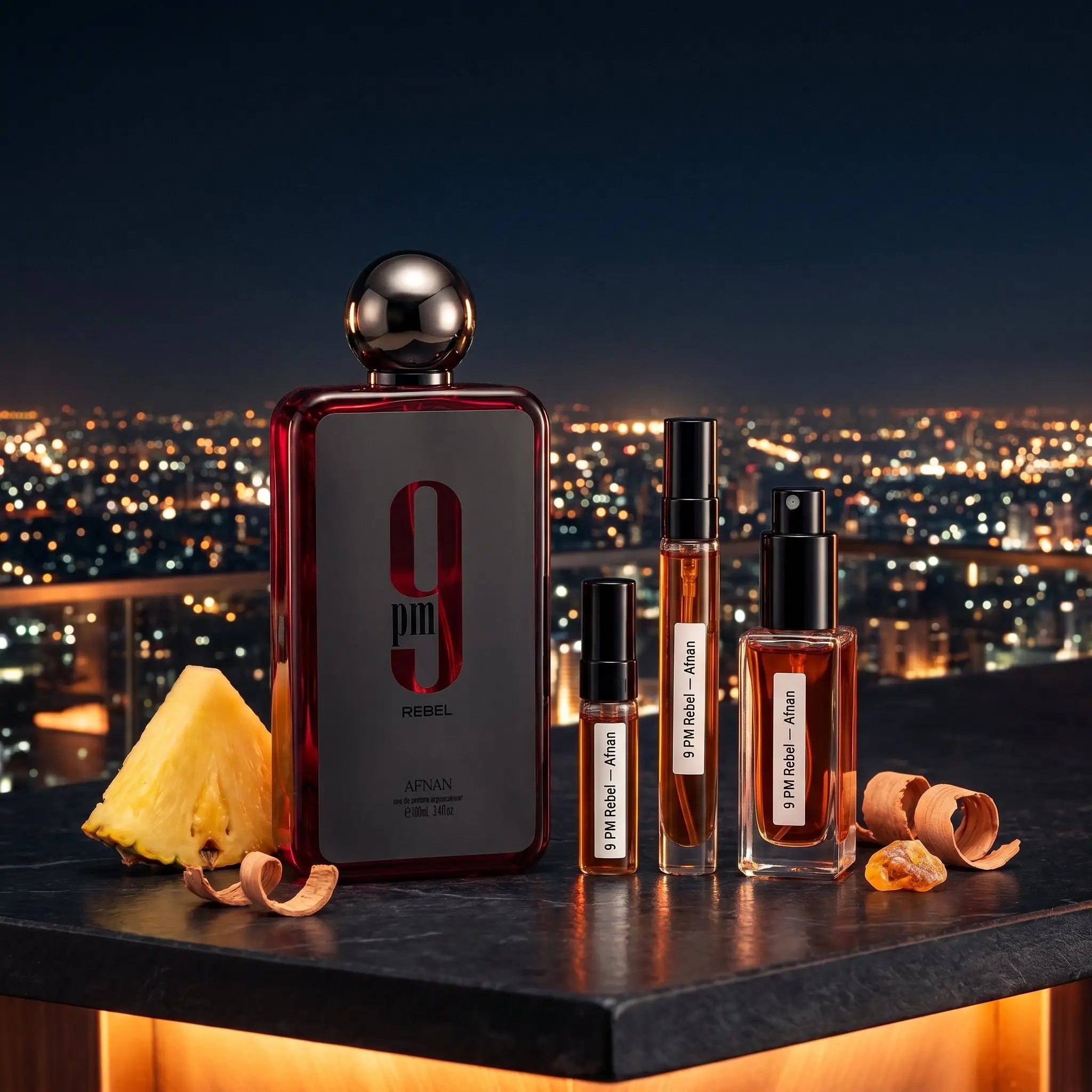 Afnan 9PM Rebel bottle and decants on dark surface with pineapple and caramel with city lights at night