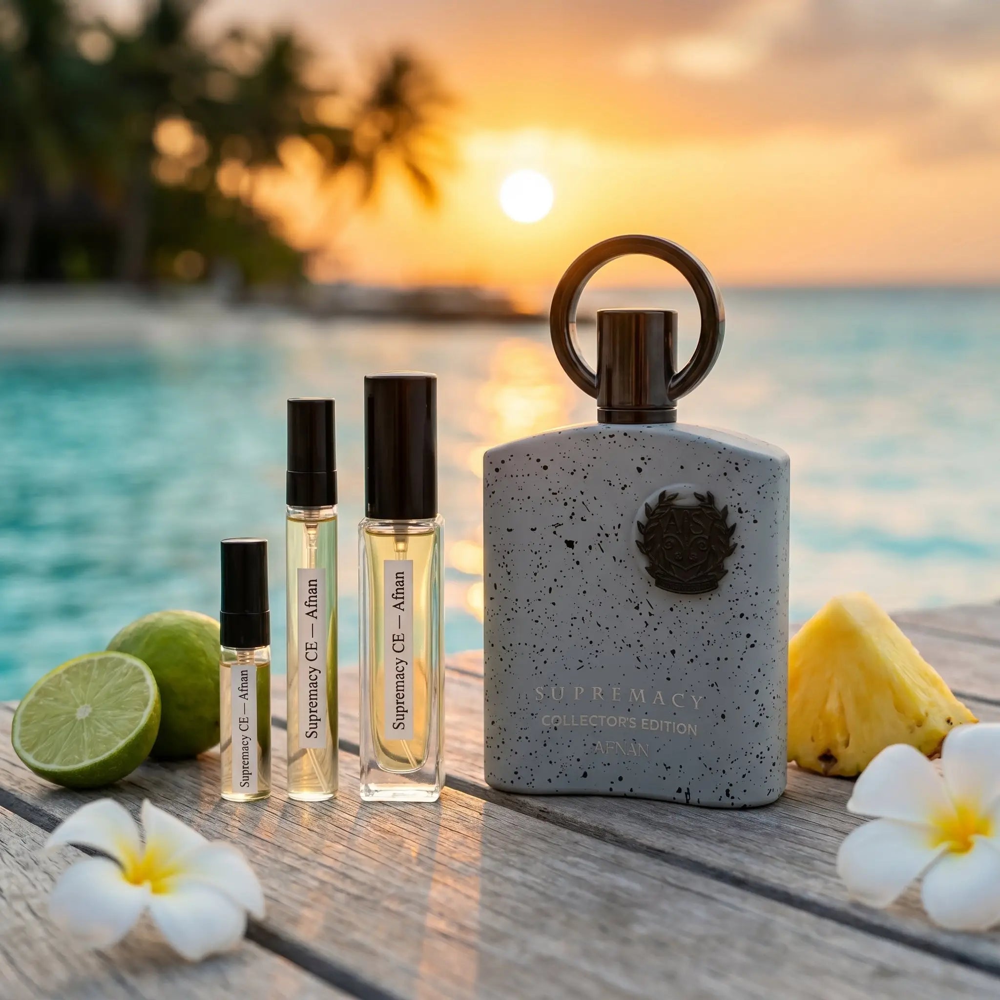 Afnan Supremacy CE decants and full bottle with pineapple and plumeria on dock at tropical sunset