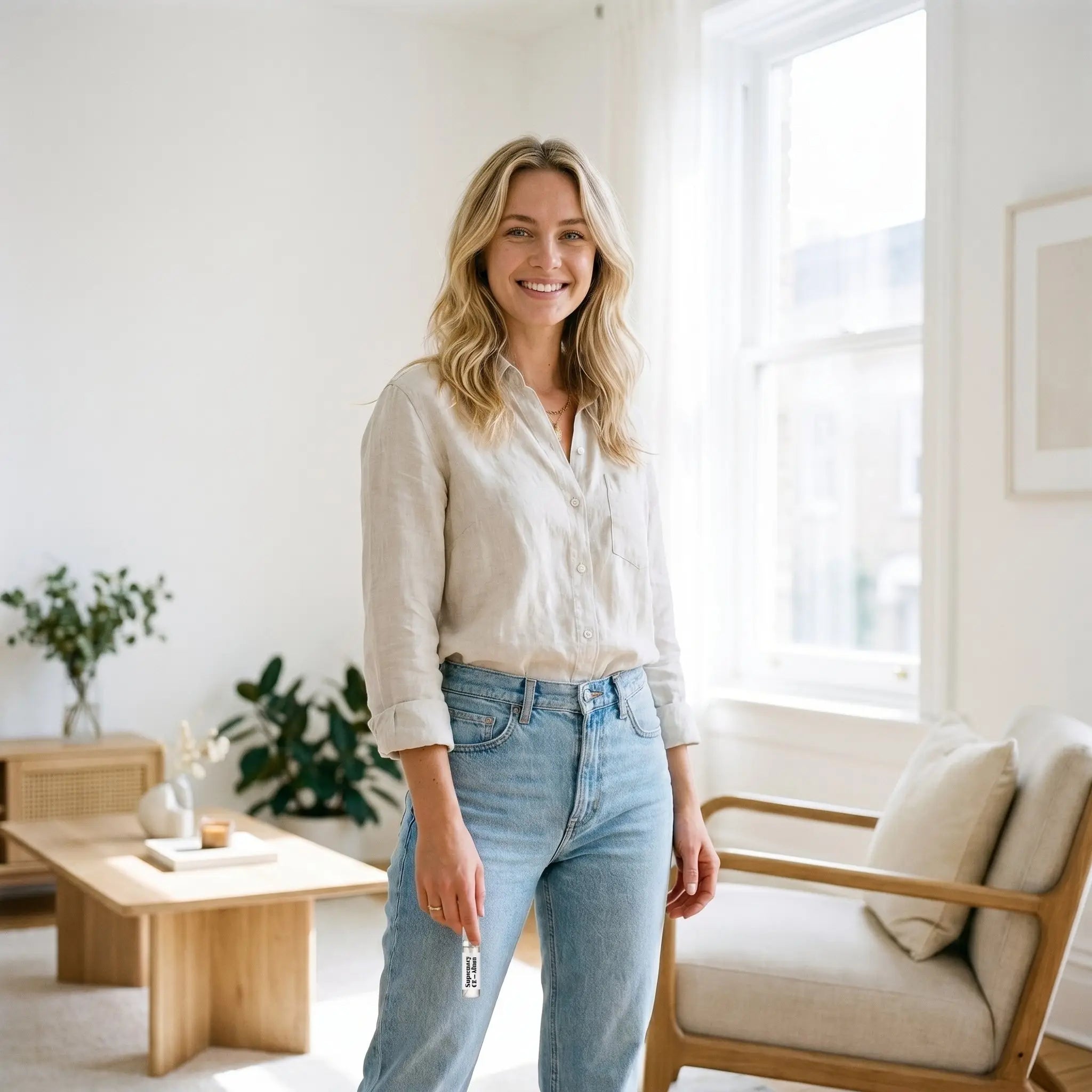 Woman in linen shirt holding Afnan Supremacy CE decant in bright minimalist living room