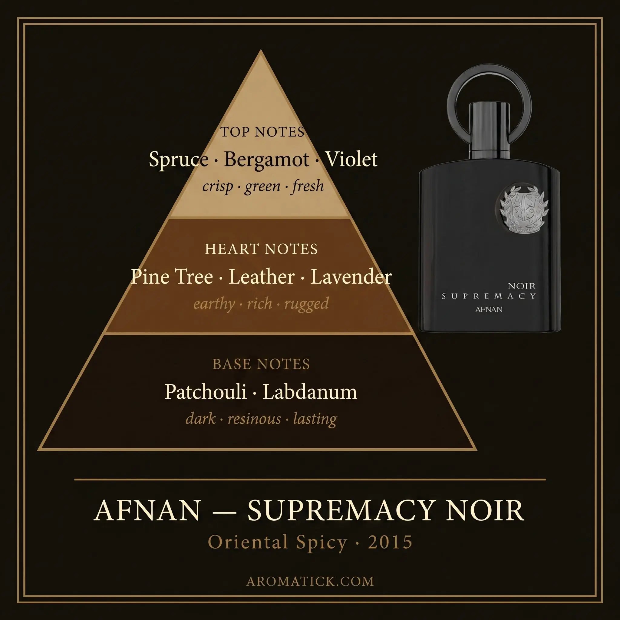 Afnan Supremacy Noir note pyramid — spruce, bergamot, pine tree, leather, patchouli, labdanum
