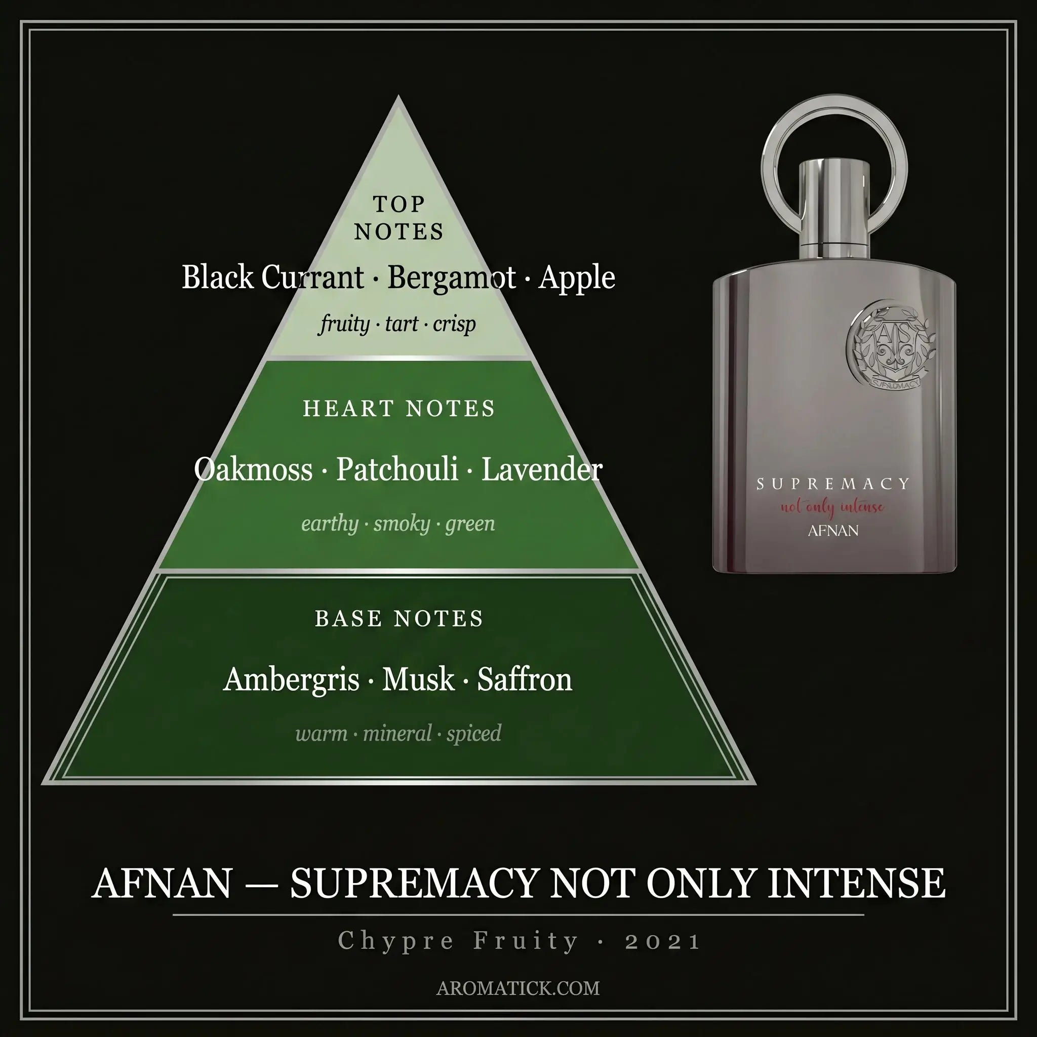Afnan Supremacy Not Only Intense note pyramid — black currant, bergamot, oakmoss, patchouli, ambergris, saffron
