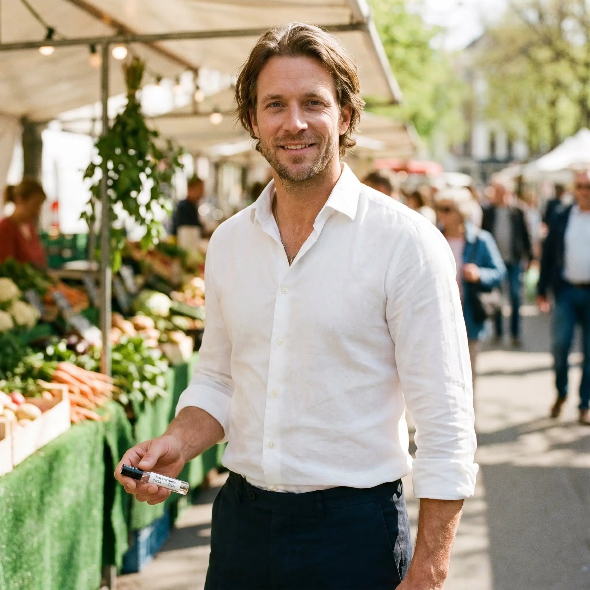 Man in white linen shirt holding Afnan Supremacy Not Only Intense decant at outdoor farmers market
