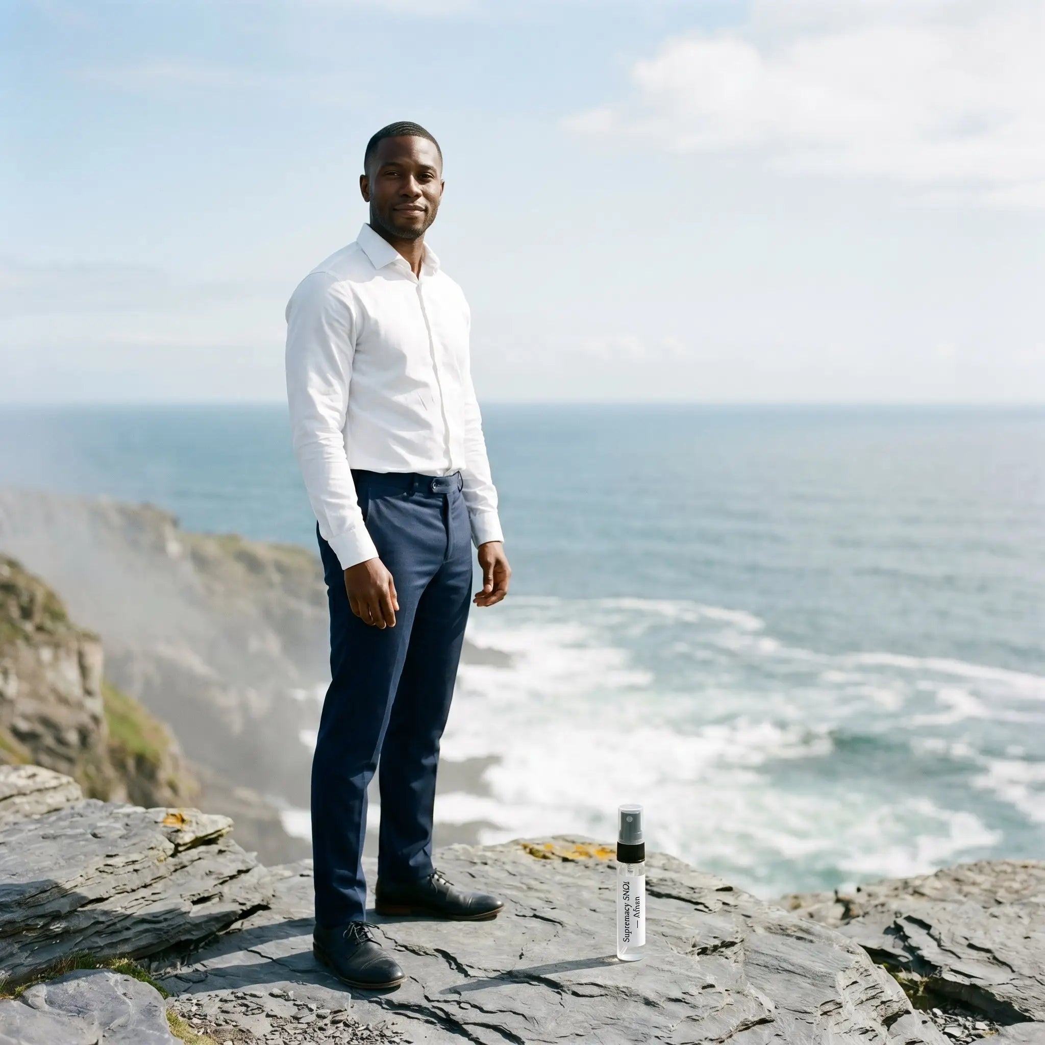 Man in white shirt standing on ocean cliffs with Afnan Supremacy Not Only Intense decant

