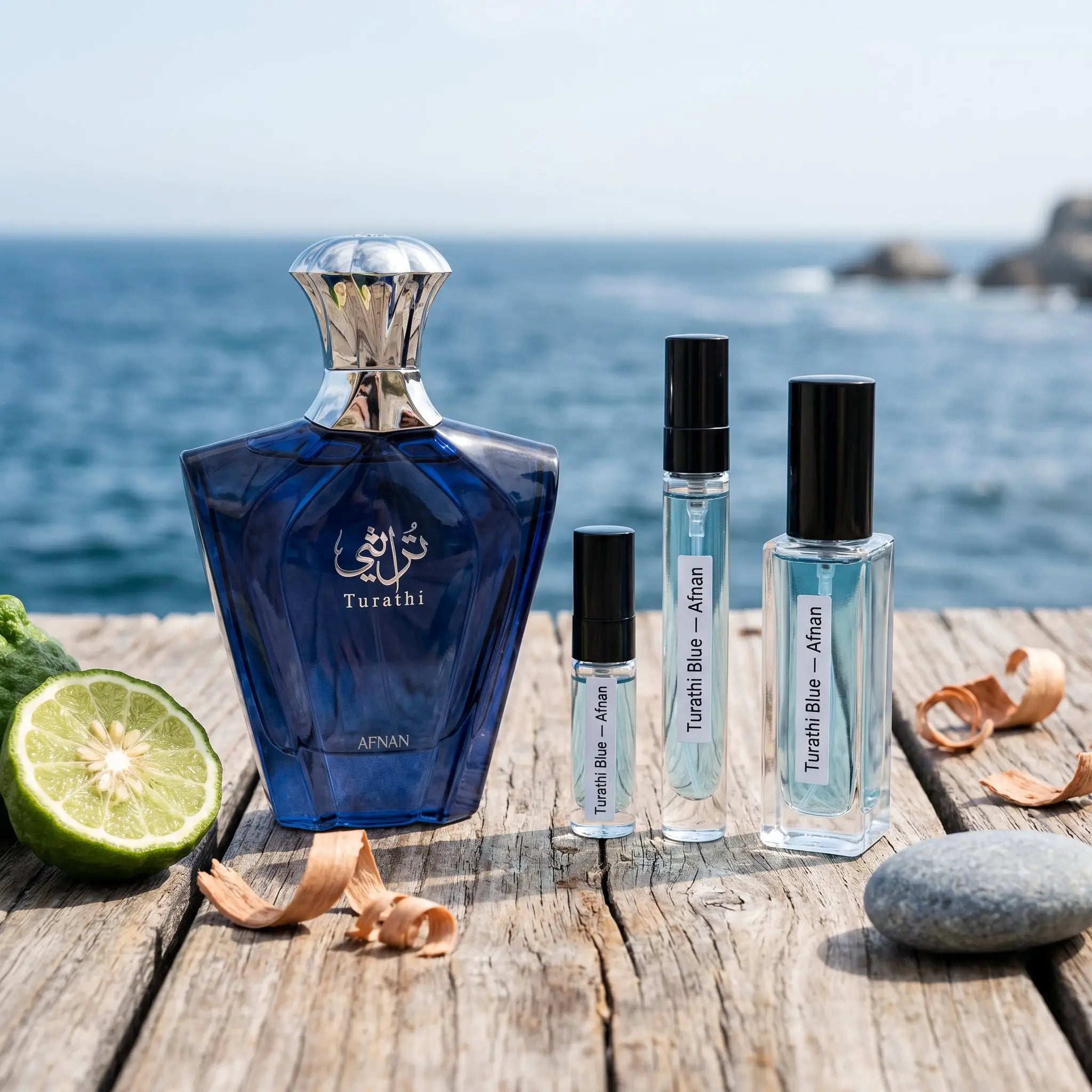 Afnan Turathi Blue bottle and decants on coastal dock with bergamot and ocean backdrop
