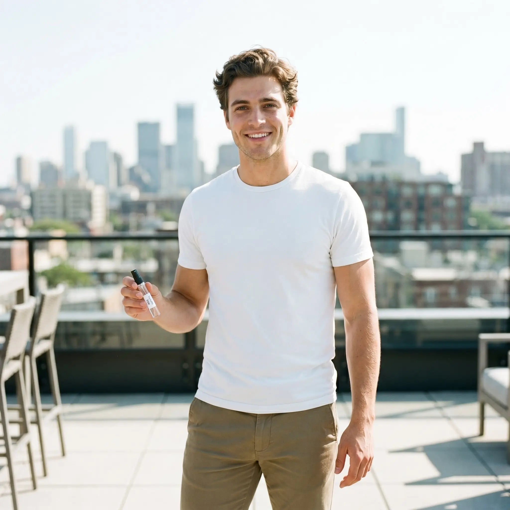 Man in white t-shirt holding Afnan Turathi Blue decant on city rooftop terrace

