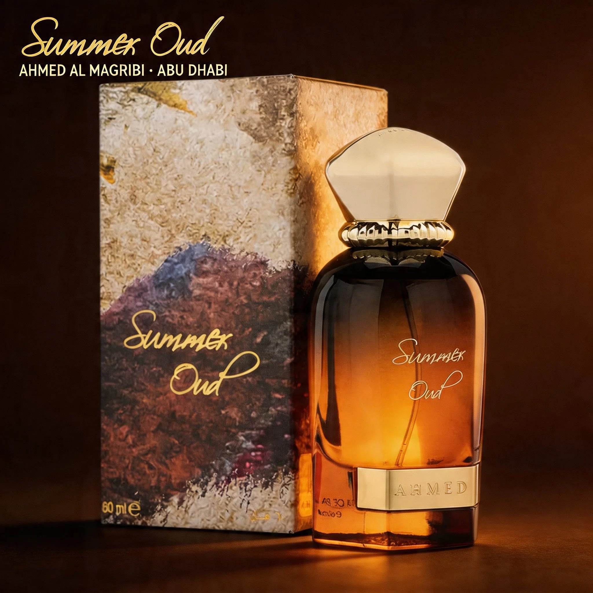 Perfume bottle and packaging of 'Summer Oud' by Ahmed Al Magribi Abu Dhabi on a dark background.
