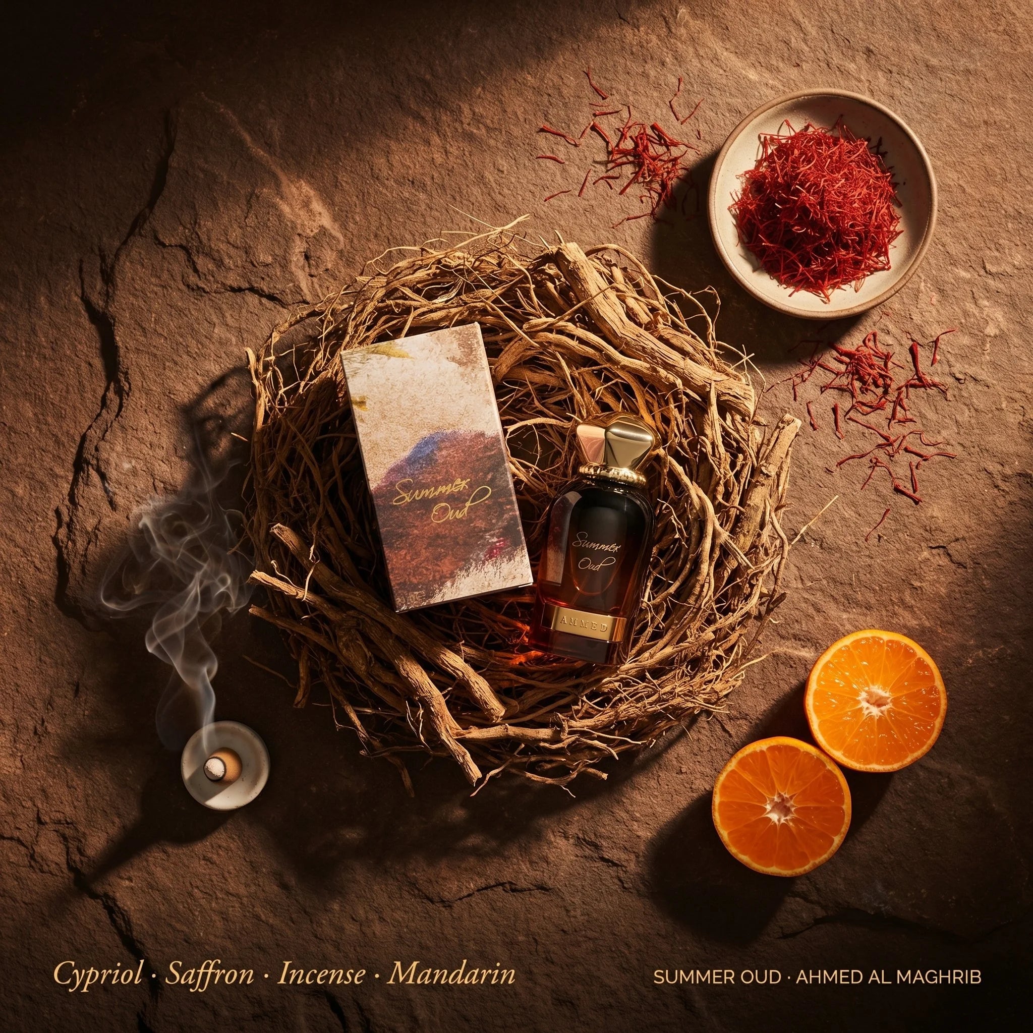 Perfume bottle with saffron and oranges on a stone surface