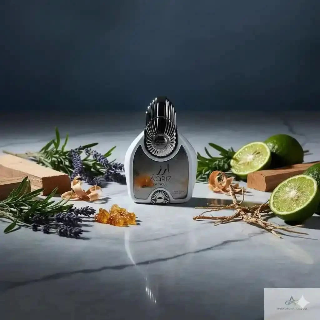 Aromatherapy diffuser with herbs and limes on a gray surface