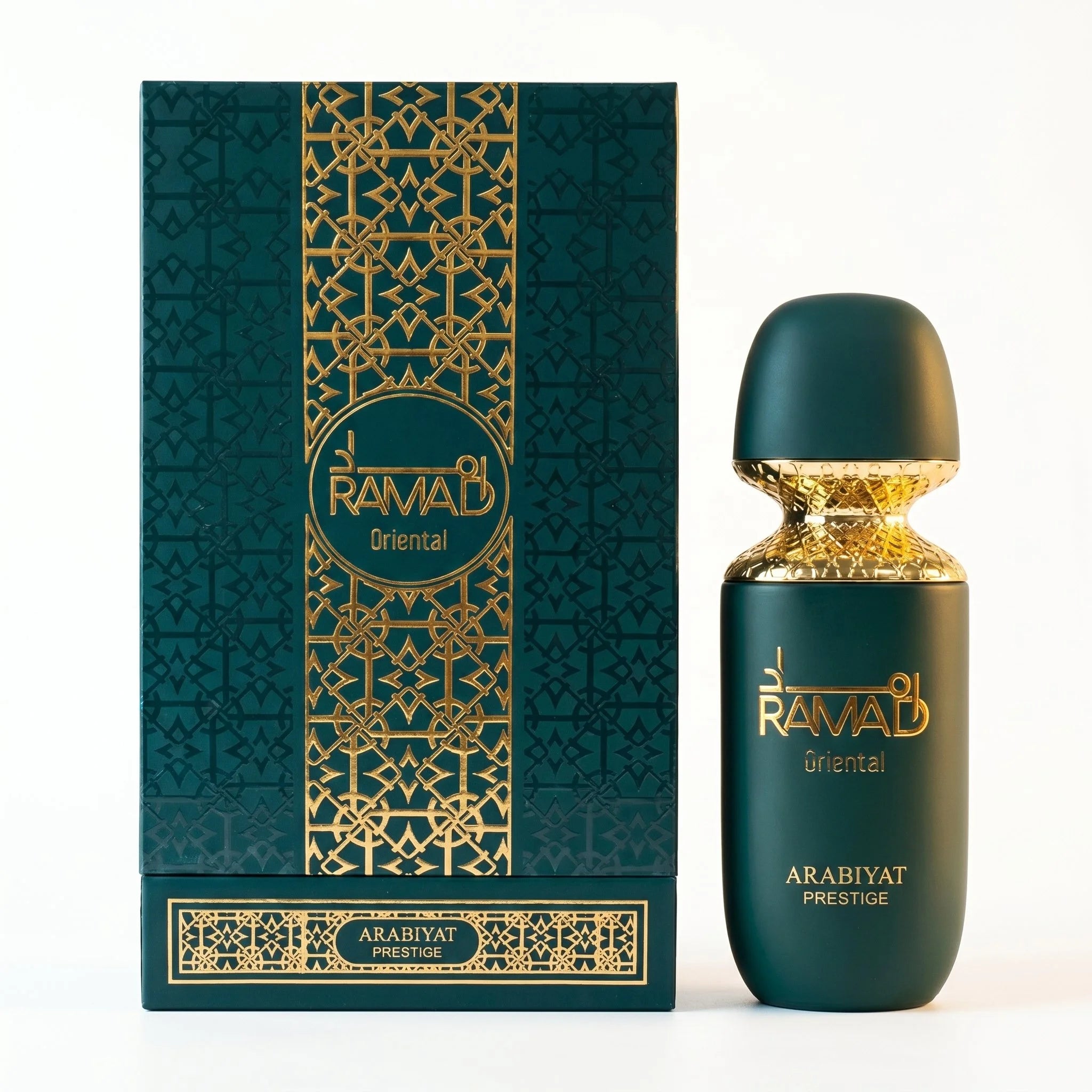 Arabiyat Prestige Ramad Oriental EDP bottle with teal and gold geometric patterned box on white background
