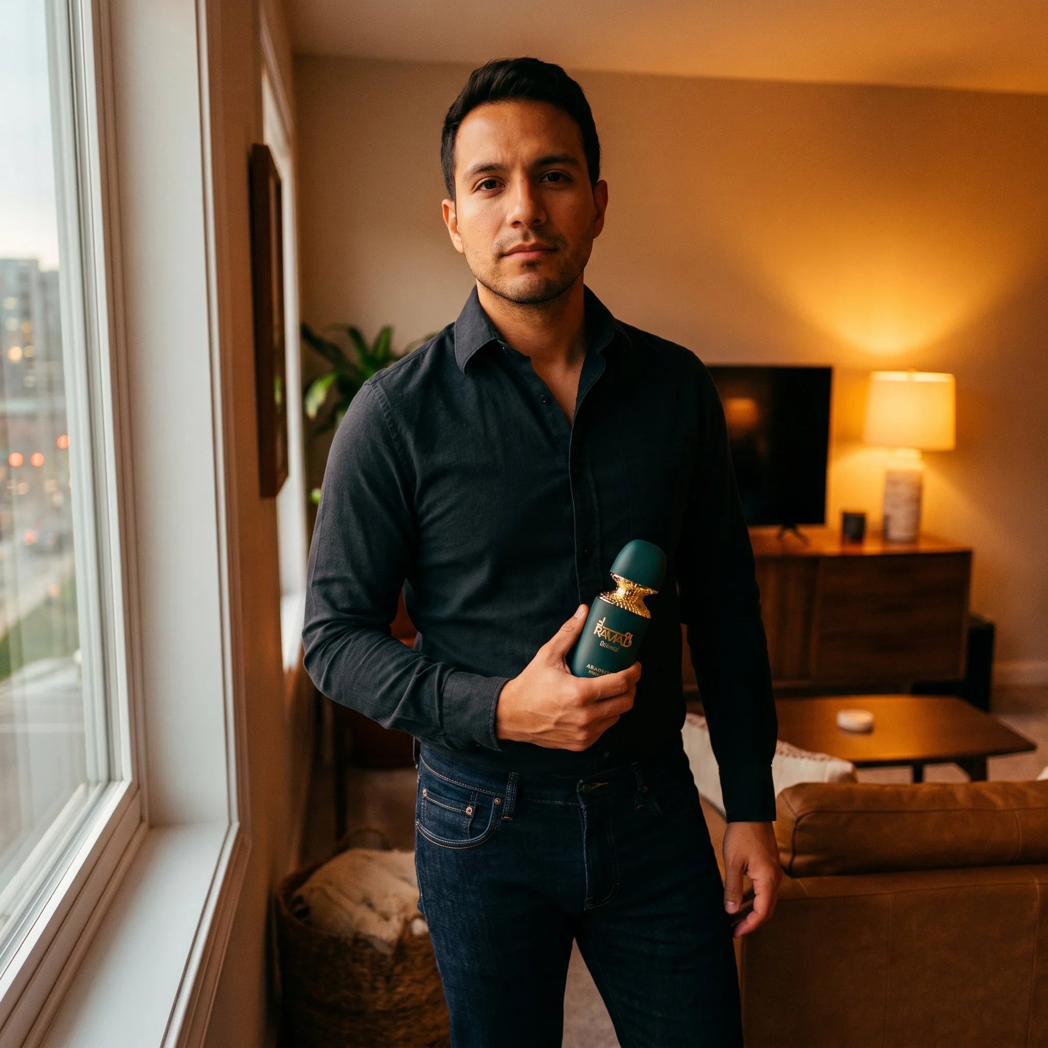 Man holding Arabiyat Prestige Ramad Oriental EDP teal bottle in a warm evening living room setting
